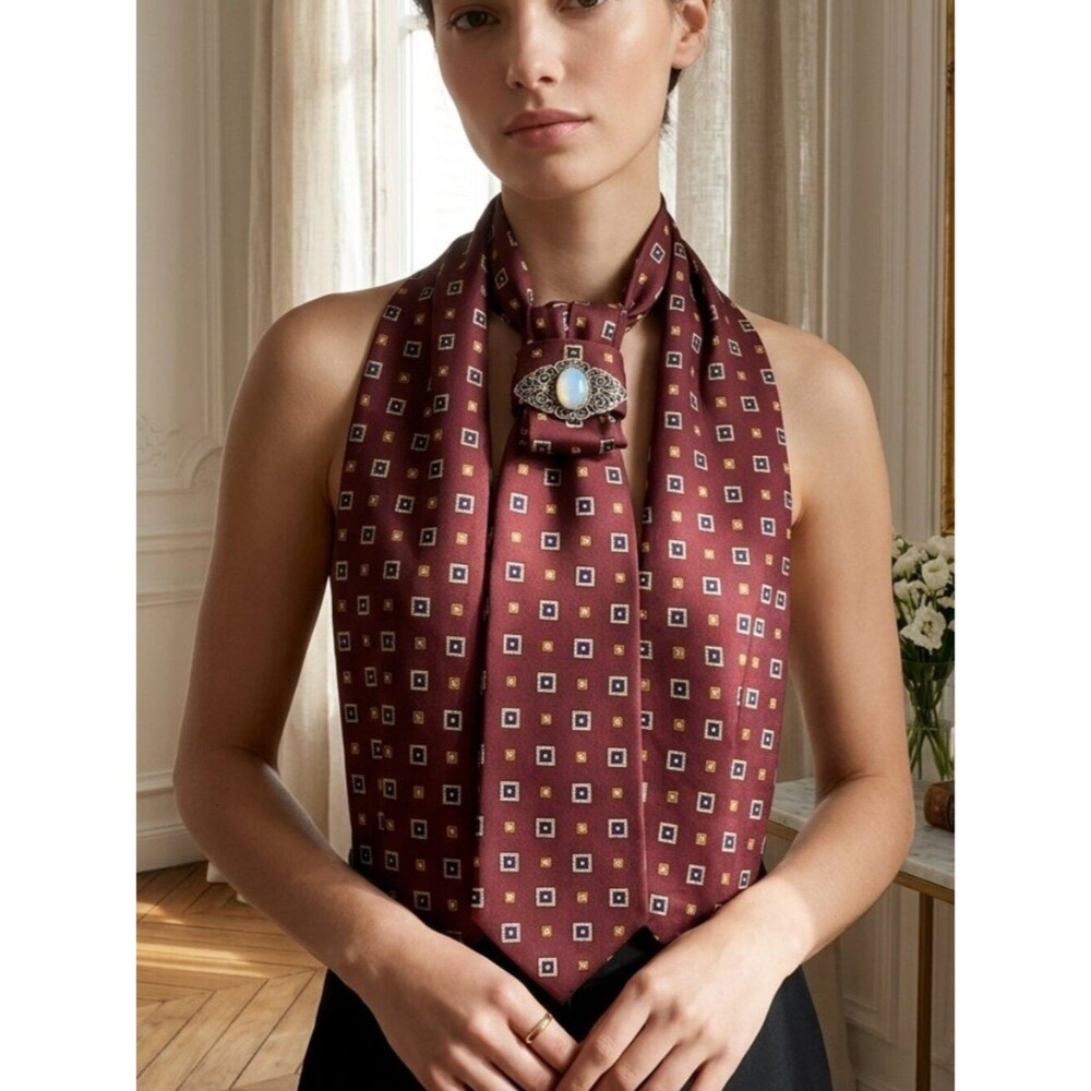 NWOT Jos A Bank Burgundy Geometric Print Statement Tie Necklace